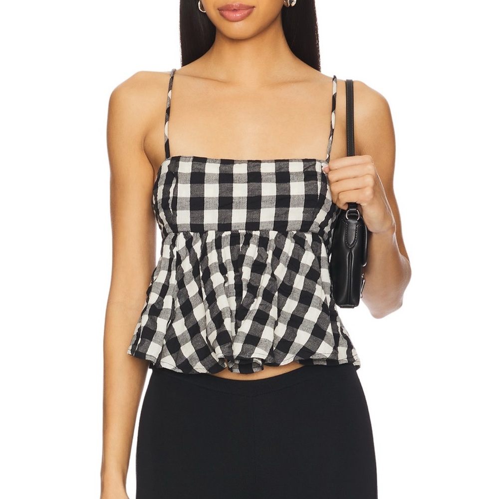 Free People Mia Gingham Plaid Black and White Checkered Women's Peplum Tank